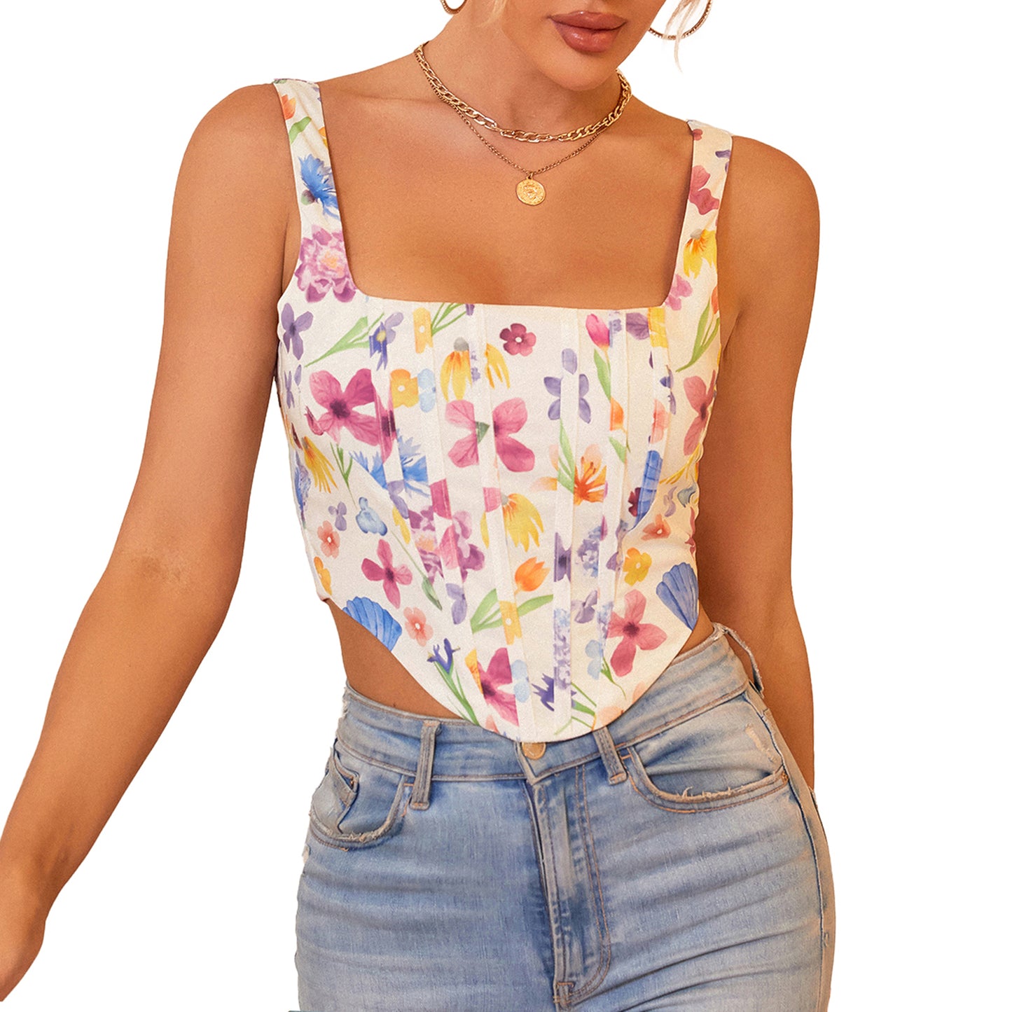 KUTUMAI Women's Summer Floral Corset Crop Top Strap Boned Bustier Cute Zip Back Party Bodyshaper