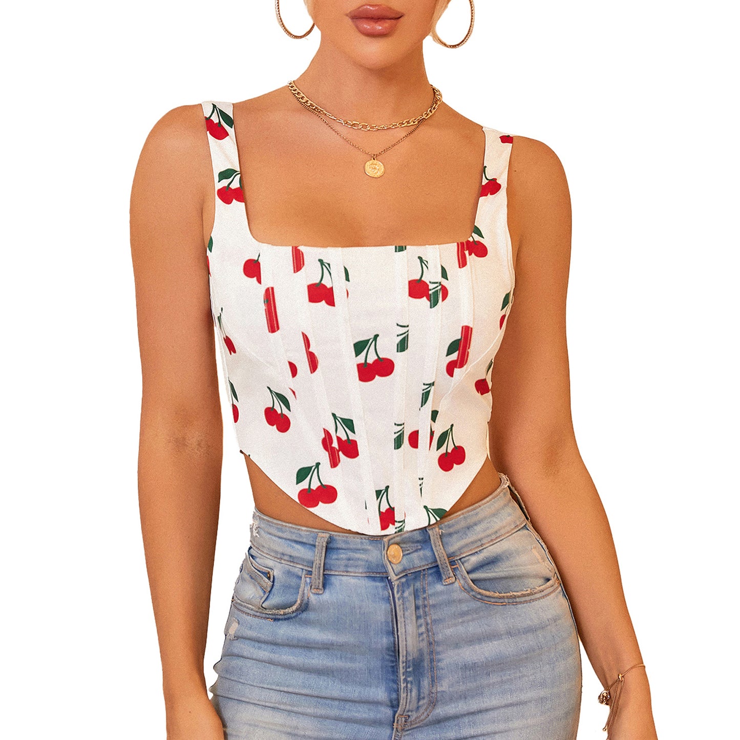 KUTUMAI Women's Summer Floral Corset Crop Top Strap Boned Bustier Cute Zip Back Party Bodyshaper