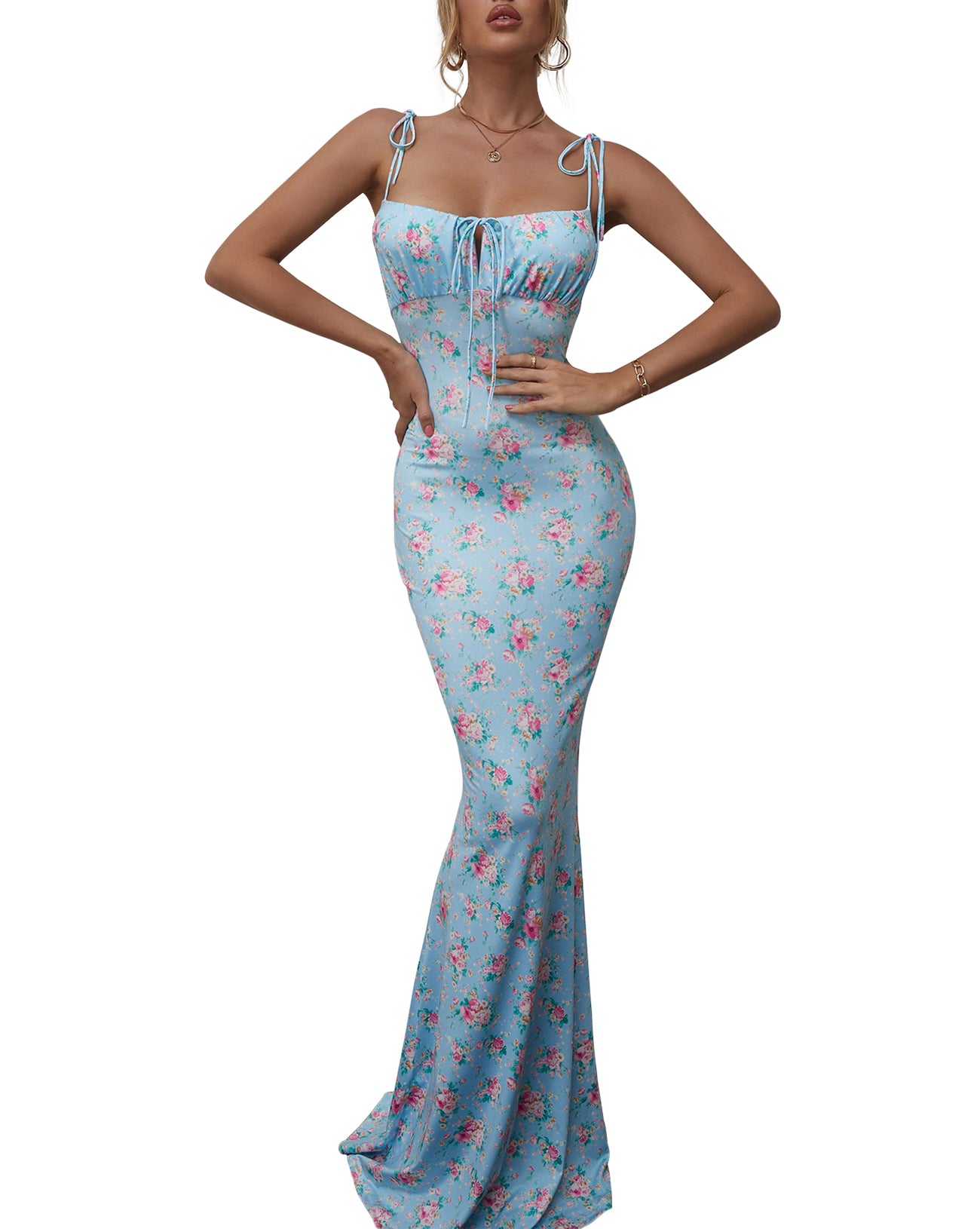 KUTUMAI Women's Summer Floral Bodycon Maxi Dress Spaghetti Strap Sleeveless Boho Long Dresses