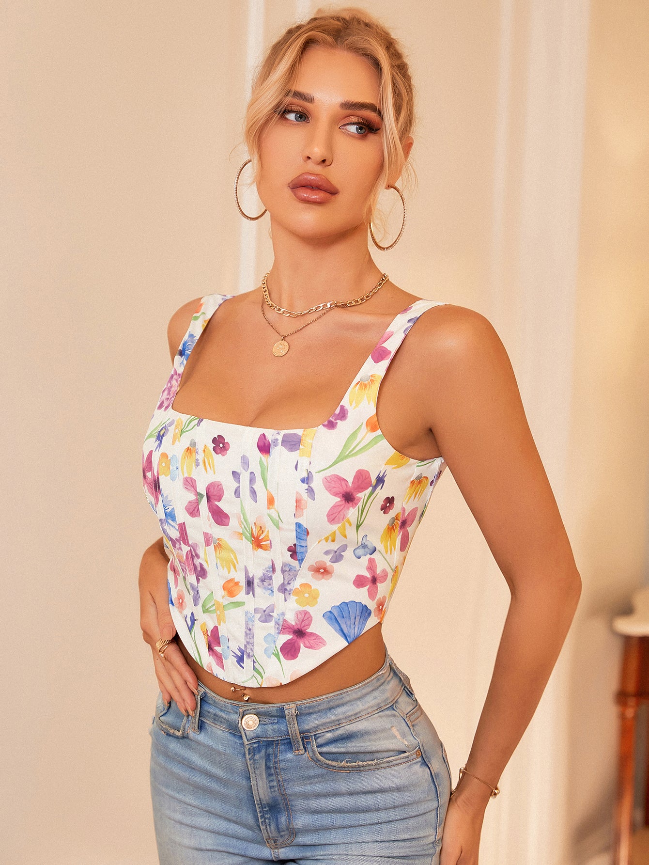 KUTUMAI Women's Summer Floral Corset Crop Top Strap Boned Bustier Cute Zip Back Party Bodyshaper