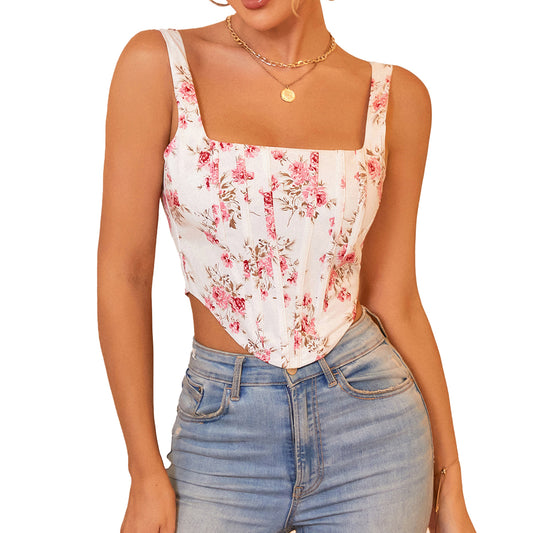 KUTUMAI Women's Summer Floral Corset Crop Top Strap Boned Bustier Cute Zip Back Party Bodyshaper