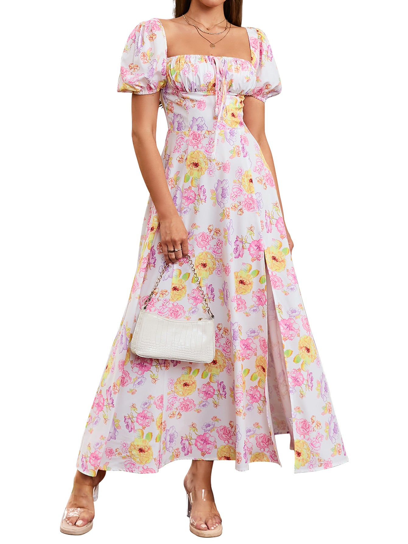 KUTUMAI Women's Summer Puff Sleeve Floral Split Maxi Dress Flowy A Line Casual Beach Long Dresses