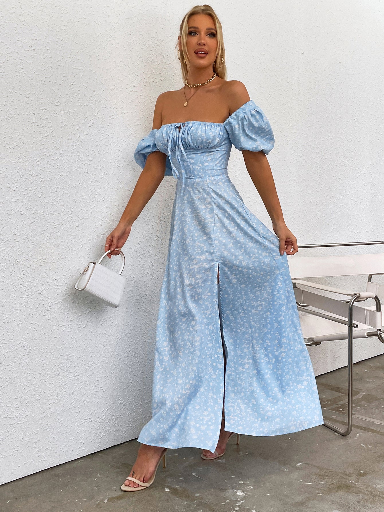 Women's Summer Puff Sleeve Floral Split Maxi Dress Flowy A Line